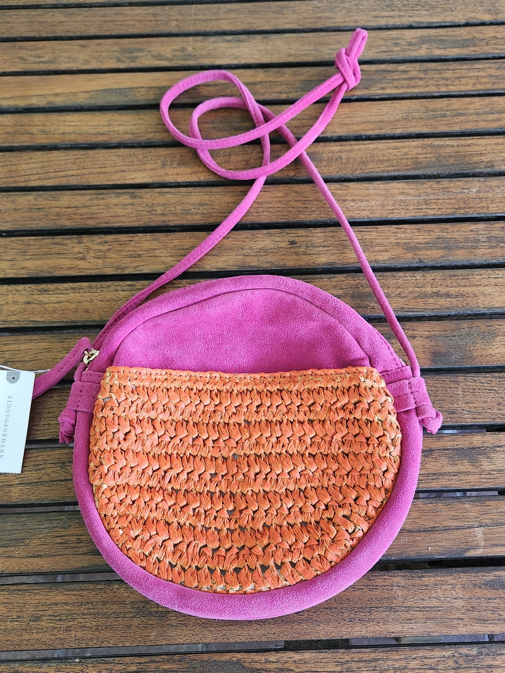 NWT Anthropologie Tonal Seude Crossbody Purse Pink Leather Orange Woven Raffia